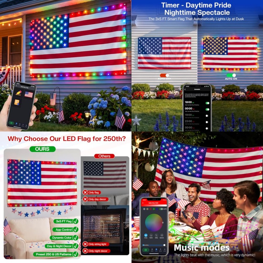 Up Lighting Decor - Akıllı Işıklı Amerikan Bayrağı 3x5 FT,